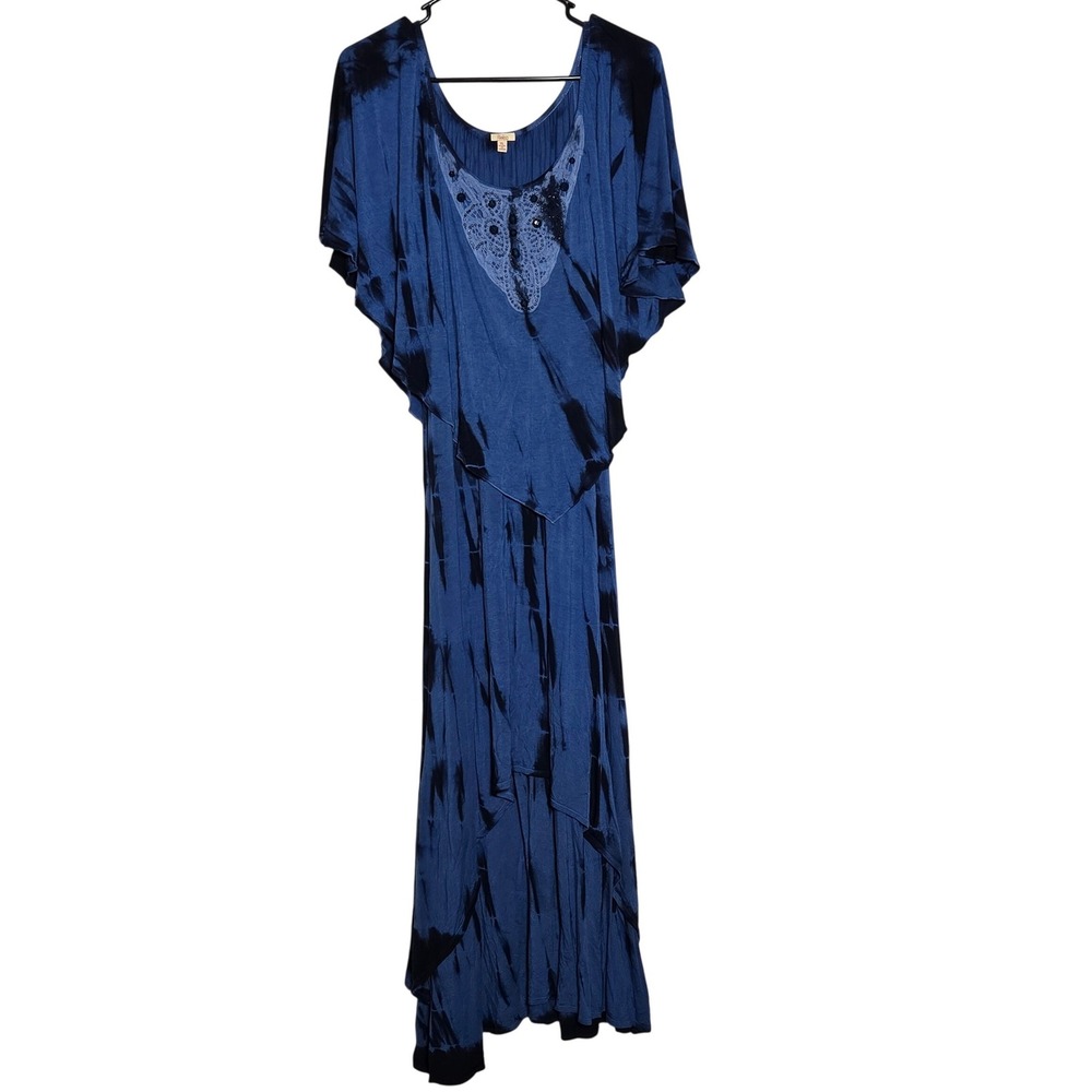 Reba Blue Tie Dye Lace Maxi Dress XL Whimsigoth Boho Western Gypsy Fairy Flowy - Picture 2 of 10